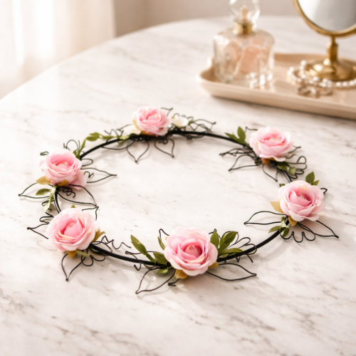 Věneček z drátu s kytičkami - černý