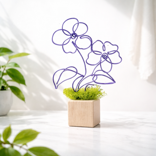 Fialka na dřevěné kostce