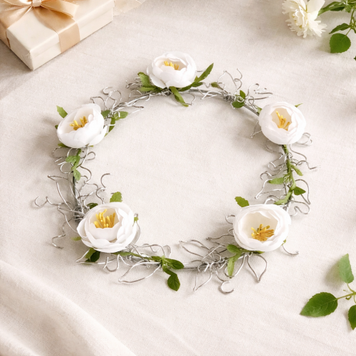 Věneček z drátu s kytičkami - stříbrný